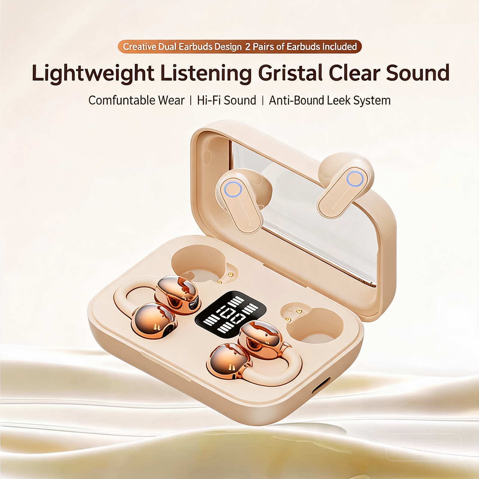B47 Open-Ear Clip-On Wireless Earbuds with ENC and Digital Display