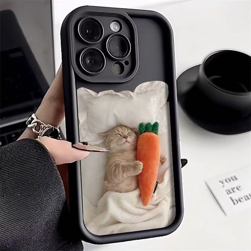 Cozy Cat & Carrot 3D iPhone Case – Soft Silicone Shockproof Cover