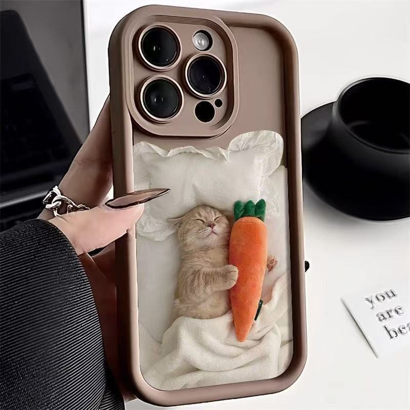 Cozy Cat & Carrot 3D iPhone Case – Soft Silicone Shockproof Cover