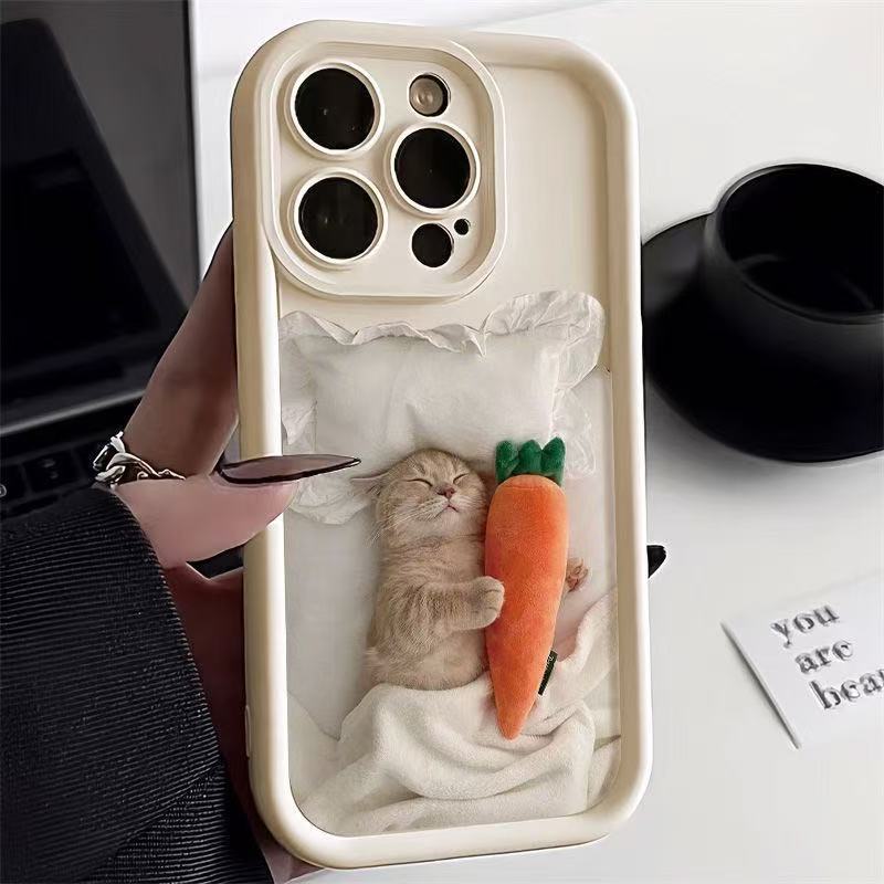 Cozy Cat & Carrot 3D iPhone Case – Soft Silicone Shockproof Cover